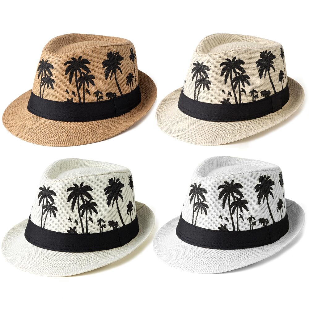 5408 4 Pack Short Brim Straw Fedora Summer Beach Sun Hat 4 Pcs Set A